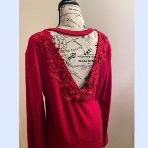 Red V-Neck Open-Back Sweater with Flower Detail on Back